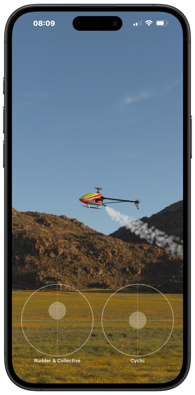 The Simulator on an iPhone with on-screen rudder, collective and cyclic sticks